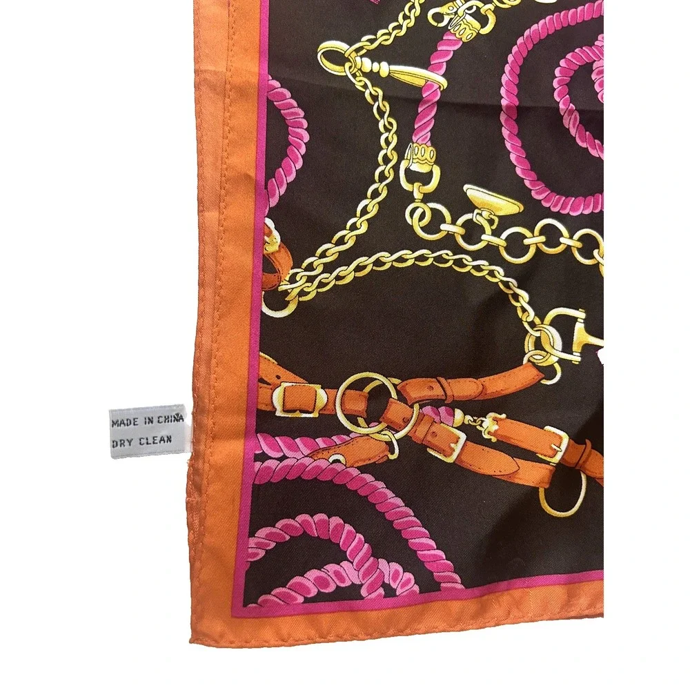 100% Silk Scarf Long Retangular Equestrian Themed Belt Chain Tassel Print